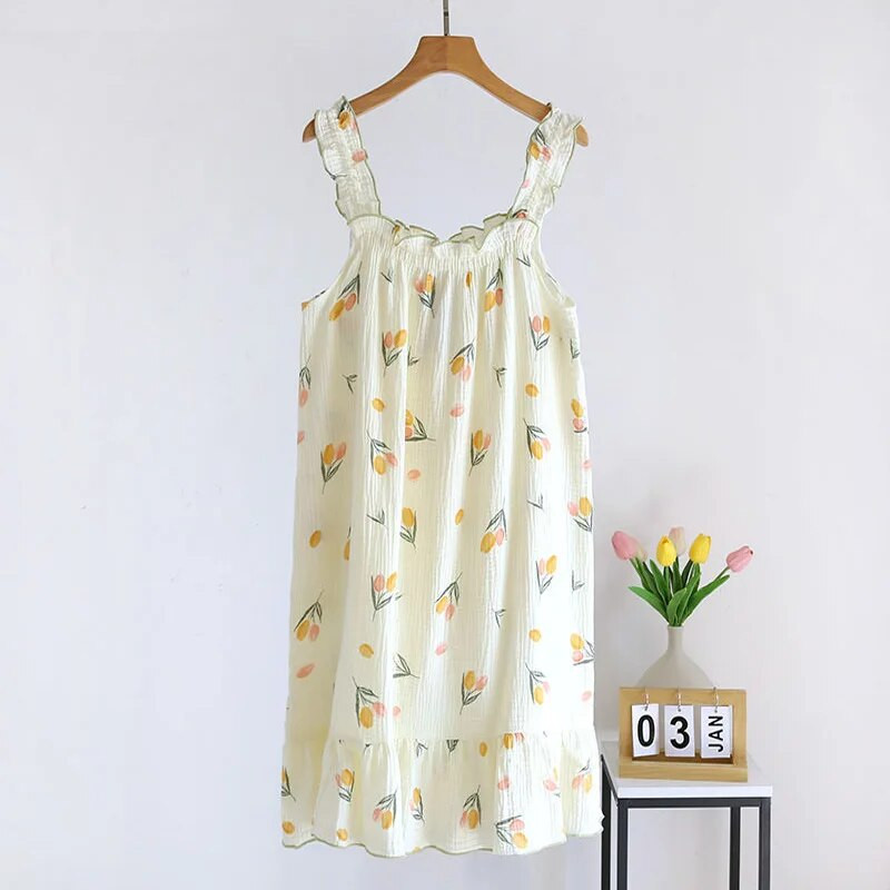 Naiste suvine lõng Puhaspuuvillane õhuke sukkadega öösärk lahti keskmise pikkusega armas armas pikk kodukleit Seksikas camisole öösärk