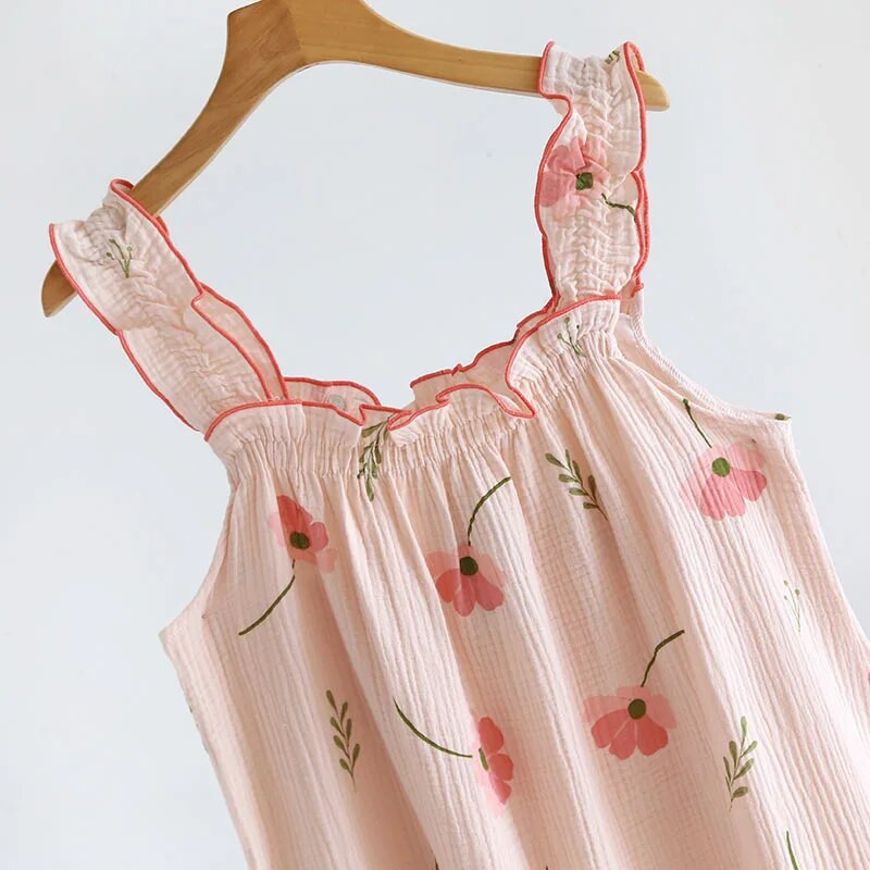 Naiste suvine lõng Puhaspuuvillane õhuke sukkadega öösärk lahti keskmise pikkusega armas armas pikk kodukleit Seksikas camisole öösärk