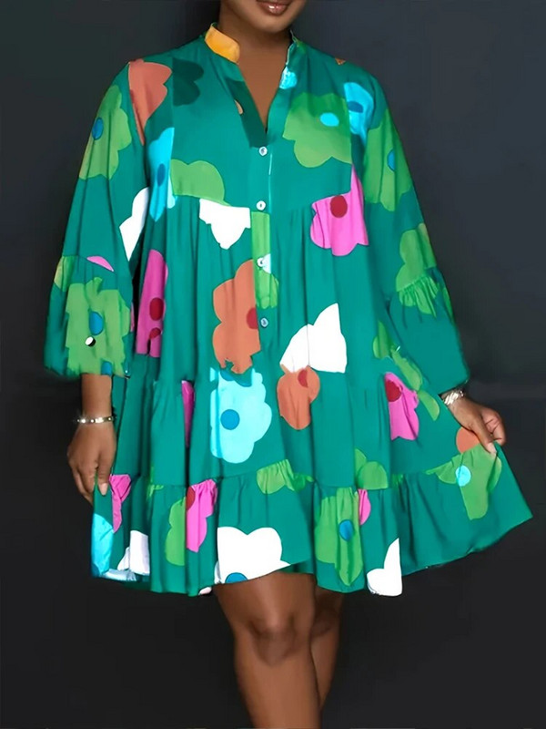 Didelio dydžio 2023 m. rudens naujos moteriškos suknelės su gėlėmis, laisvalaikio laisvų sagų madingi gatvės drabužiai, poliesterio V formos iškirptės klostuotos suknelės