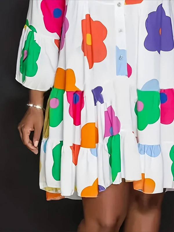 Didelio dydžio 2023 m. rudens naujos moteriškos suknelės su gėlėmis, laisvalaikio laisvų sagų madingi gatvės drabužiai, poliesterio V formos iškirptės klostuotos suknelės