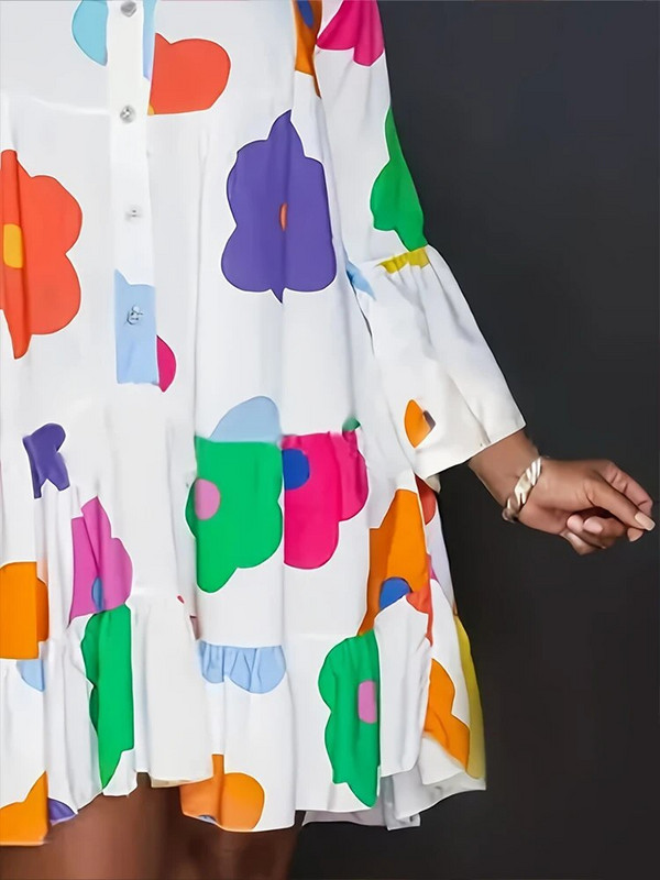 Didelio dydžio 2023 m. rudens naujos moteriškos suknelės su gėlėmis, laisvalaikio laisvų sagų madingi gatvės drabužiai, poliesterio V formos iškirptės klostuotos suknelės