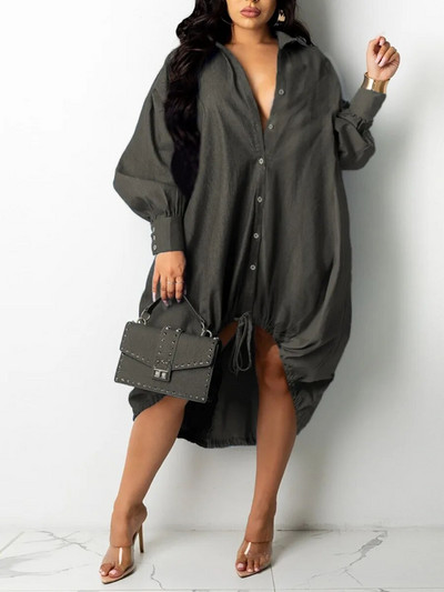 Φορέματα LW Plus Size Πουκάμισο με κορδόνια με συνονθύλευμα Φόρεμα μόδας Μακρυμάνικο πουκάμισο γιακά Γυναικεία Streetwears vestido