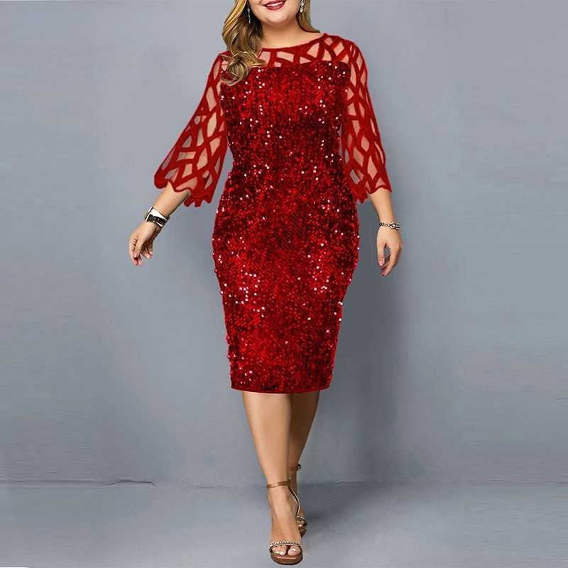 Elegantne Sequin Plus Suurus 4XL 5XL Naiste Midi Kleit Seksikas vabaaja õhtukleidid Pulmakleit Luksuslik Robe Rouge Vestidos