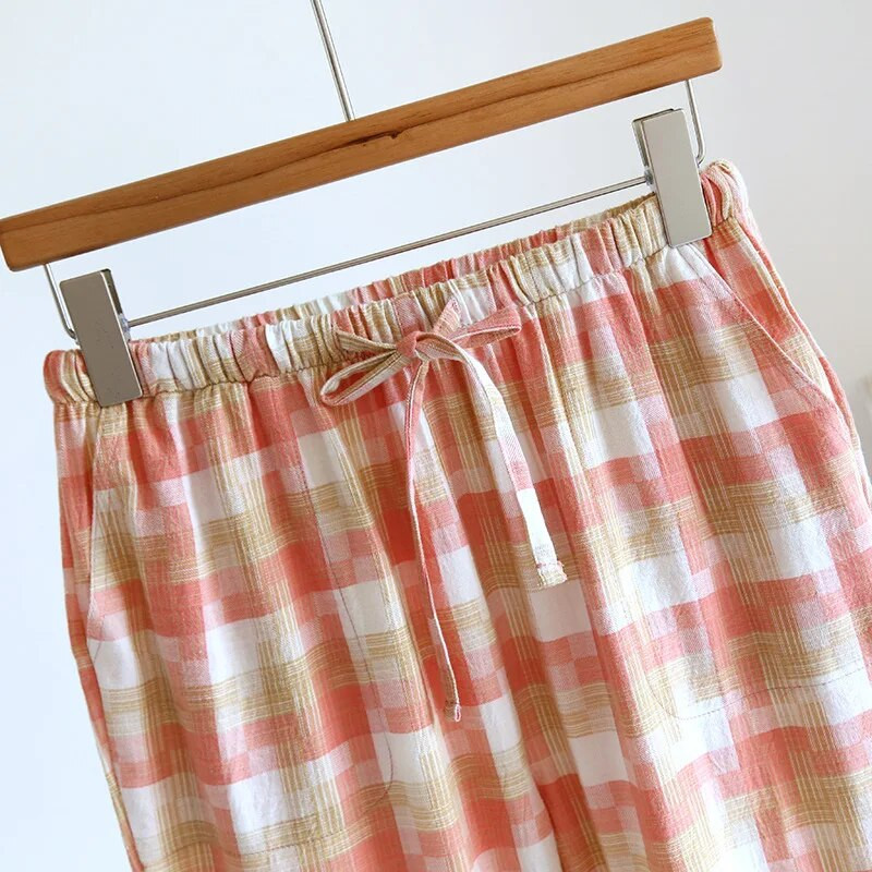 Naistele mõeldud puuvillased ruudulised pidžaamapüksid kevadsuvistele õhukeste moodsa stiiliga lihtsad ja vabad sirge kodu Pantalones naistele