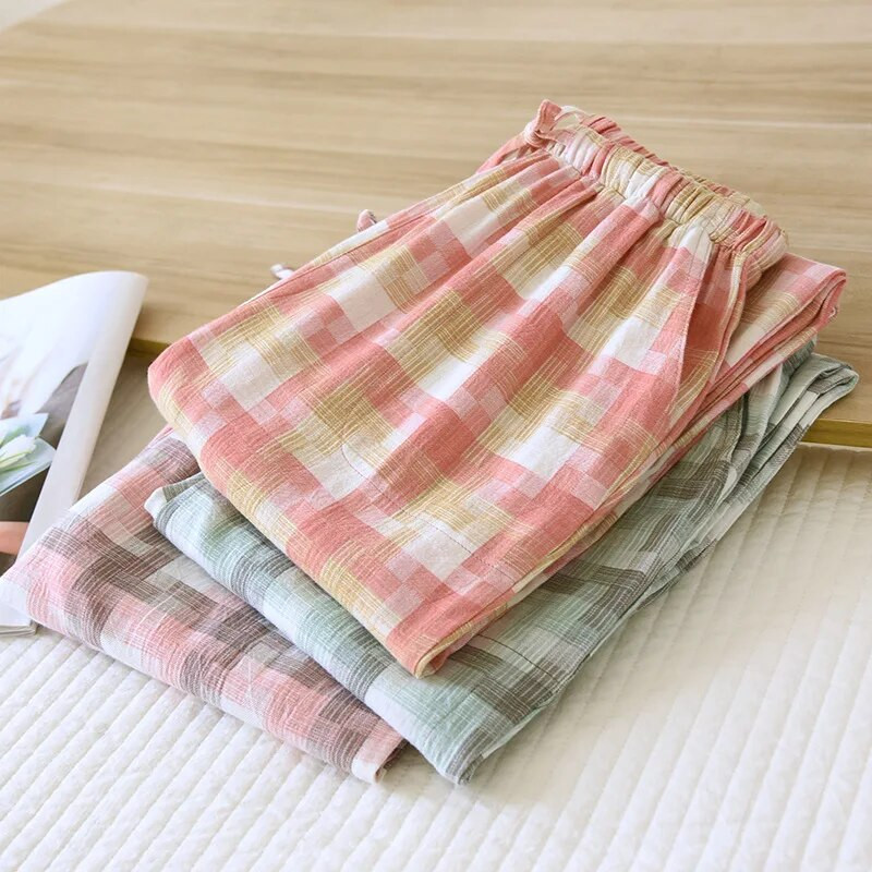 Naistele mõeldud puuvillased ruudulised pidžaamapüksid kevadsuvistele õhukeste moodsa stiiliga lihtsad ja vabad sirge kodu Pantalones naistele