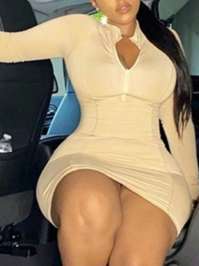 LW plius dydžio suknelė laisvalaikio mini suknelė su užtrauktuku Mandarinų spalvos apykakle ilgomis rankovėmis V kaklo apvalkalas Kūną formuojantis iškirptė Moteriški Vestidos