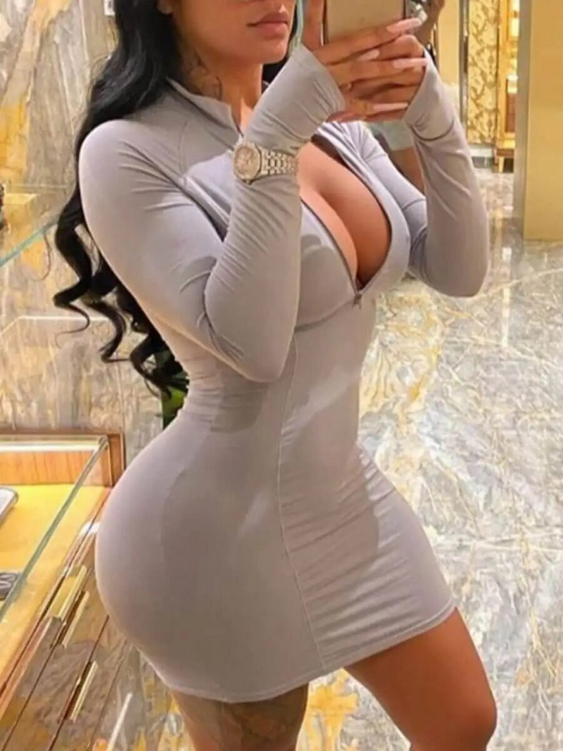 LW plius dydžio suknelė laisvalaikio mini suknelė su užtrauktuku Mandarinų spalvos apykakle ilgomis rankovėmis V kaklo apvalkalas Kūną formuojantis iškirptė Moteriški Vestidos