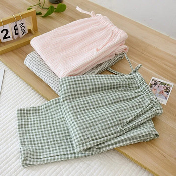 Нова пролет лятна японска дамска пижама 100% памук креп Малки карирани широки панталони за момичета Домакински панталони Тънък размер Големи панталони