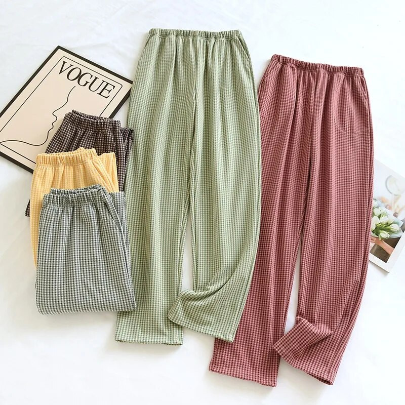 Naujos rudens žiemos japoniškos moteriškos pižamos 100 % medvilnės krepinis mažas languotas laisvos mergaičių kelnės Buitinės kelnės plonos dydžio didelės kelnės