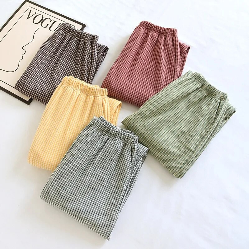 Naujos rudens žiemos japoniškos moteriškos pižamos 100 % medvilnės krepinis mažas languotas laisvos mergaičių kelnės Buitinės kelnės plonos dydžio didelės kelnės