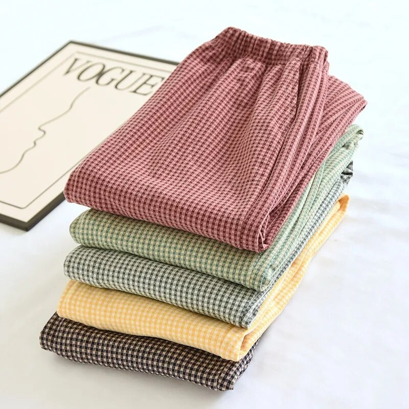 Naujos rudens žiemos japoniškos moteriškos pižamos 100 % medvilnės krepinis mažas languotas laisvos mergaičių kelnės Buitinės kelnės plonos dydžio didelės kelnės