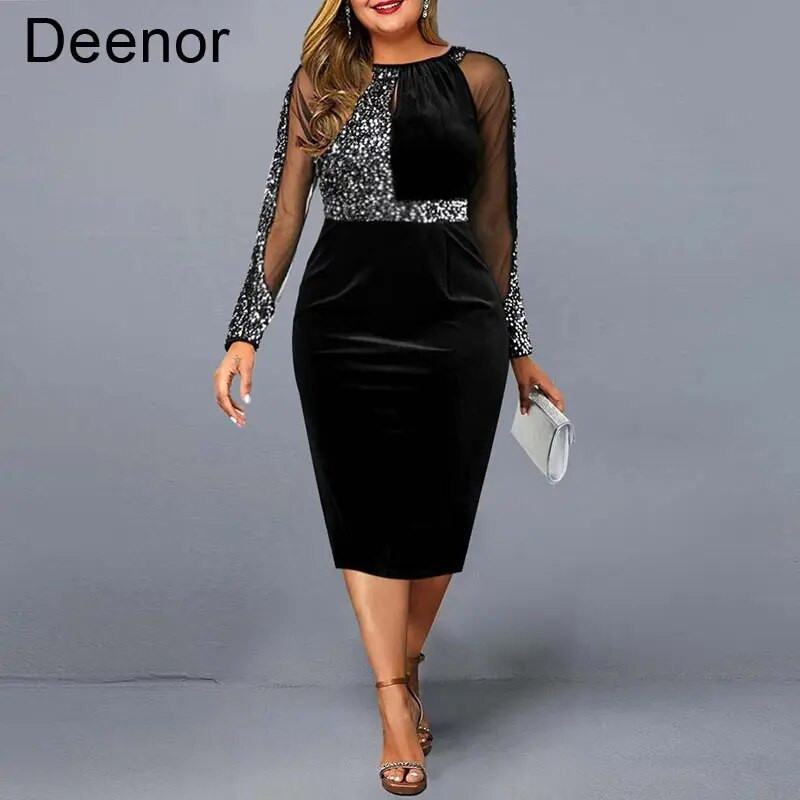 Deenor Plus Size kleidid naistele O-kaelusega pitskleidid Suures suuruses vabaaja elegantsed keskmise pikkusega peokleidid naistele