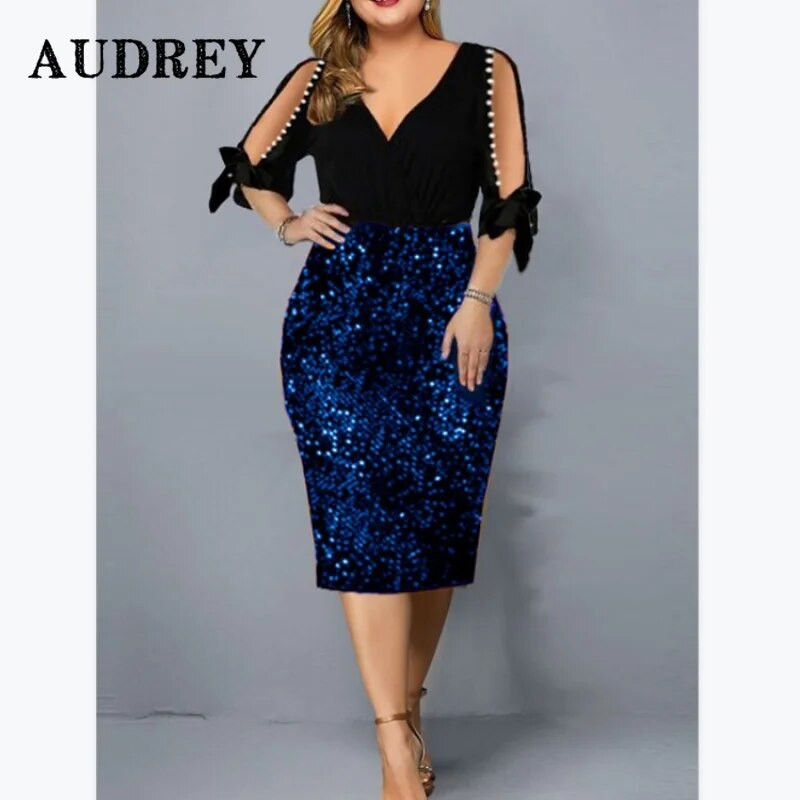 Elegantiška moteriška blizgučiais iškirpti nėriniuoti plius dydžio vakarinė suknelė V kaklo prabangi vidutinio dydžio suknelė Vestidos De Verano Mujer 2022 m. chalatas