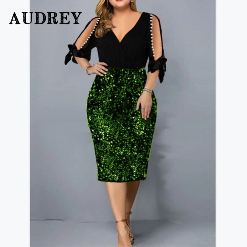 Elegantiška moteriška blizgučiais iškirpti nėriniuoti plius dydžio vakarinė suknelė V kaklo prabangi vidutinio dydžio suknelė Vestidos De Verano Mujer 2022 m. chalatas