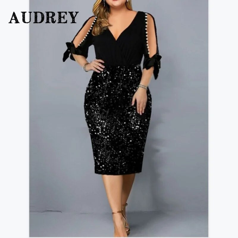 Elegantiška moteriška blizgučiais iškirpti nėriniuoti plius dydžio vakarinė suknelė V kaklo prabangi vidutinio dydžio suknelė Vestidos De Verano Mujer 2022 m. chalatas