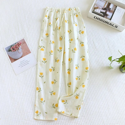 Kevadised uued naiste 100% marli puuvill, aluspõhja lill, naiste trükitud suures suuruses lahtised püksid värske stiiliga naiste kodurõivaste püksid