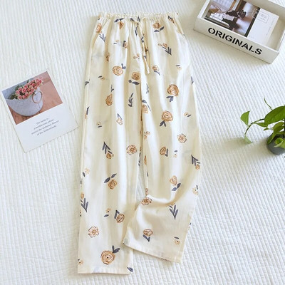 Kevadised uued naiste 100% marli puuvill, aluspõhja lill, naiste trükitud suures suuruses lahtised püksid värske stiiliga naiste kodurõivaste püksid
