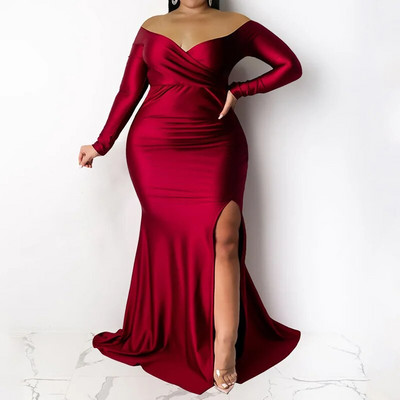 Vakarinis vakarėlis Seksuali, nenuplėšta nuo pečių, vienspalvė, ilgomis rankovėmis, giliai V formos iškirpte, su šakute aukštu juosmeniu užtrauktuku plius dydžiai, maksimali suknelė moterims