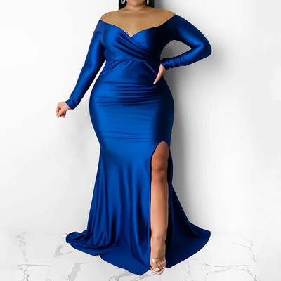 Vakarinis vakarėlis Seksuali, nenuplėšta nuo pečių, vienspalvė, ilgomis rankovėmis, giliai V formos iškirpte, su šakute aukštu juosmeniu užtrauktuku plius dydžiai, maksimali suknelė moterims