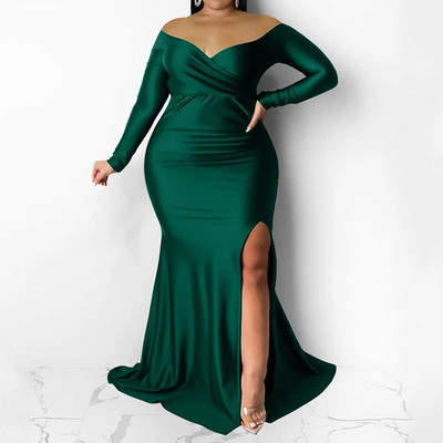 Vakarinis vakarėlis Seksuali, nenuplėšta nuo pečių, vienspalvė, ilgomis rankovėmis, giliai V formos iškirpte, su šakute aukštu juosmeniu užtrauktuku plius dydžiai, maksimali suknelė moterims