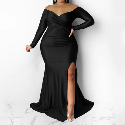 Vakarinis vakarėlis Seksuali, nenuplėšta nuo pečių, vienspalvė, ilgomis rankovėmis, giliai V formos iškirpte, su šakute aukštu juosmeniu užtrauktuku plius dydžiai, maksimali suknelė moterims