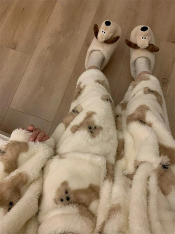 Παντελόνι ύπνου 2k Pjs από κοραλί βελούδο με εμπριμέ χαριτωμένο αρκούδα Y 2k Winter Kawaii Ζεστό παντελόνι πιτζάμα με γούνα Κορεάτικο βελούδινο παντελόνι για το σπίτι