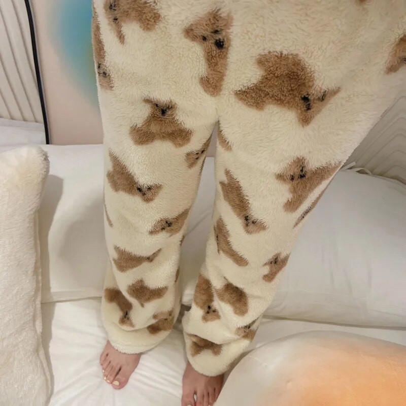 Pantaloni drăguț de dormit din catifea corali cu imprimeu urs și pantaloni de dormit Y 2k iarnă Kawaii Pantaloni de pijama din blană fuzzy caldă Pantaloni coreeni de pluș pentru acasă