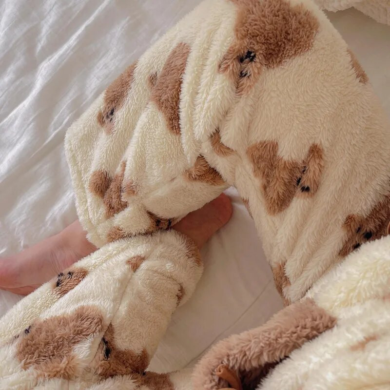 Pantaloni drăguț de dormit din catifea corali cu imprimeu urs și pantaloni de dormit Y 2k iarnă Kawaii Pantaloni de pijama din blană fuzzy caldă Pantaloni coreeni de pluș pentru acasă