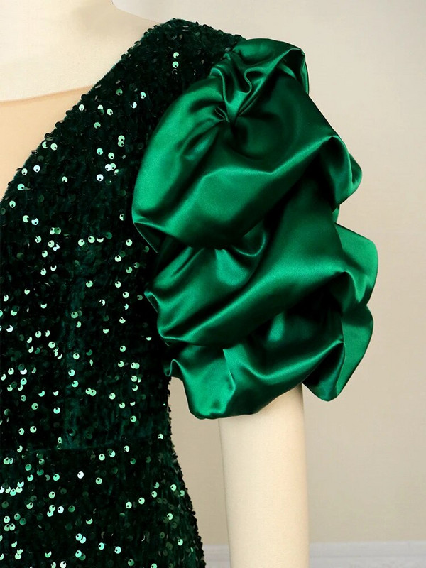 AOMEI Moteriškos Blizgančios Blizgančios Suknelės Aksominės Kalėdinės Bodycon Sexy Deep V Neck Puff Sleeve Vintažinis aptemptas Midi Sparkly Cocktail Club