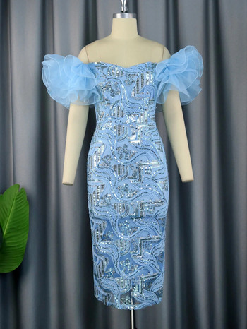 Μωβ παγιέτες Φορέματα με κέντημα ώμου Flower Bodycon Glitter Βραδινό κοκτέιλ Γυναικείο πάρτι Midi φορέματα 2023