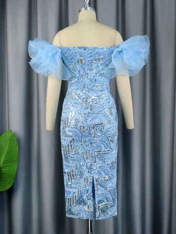 Μωβ παγιέτες Φορέματα με κέντημα ώμου Flower Bodycon Glitter Βραδινό κοκτέιλ Γυναικείο πάρτι Midi φορέματα 2023