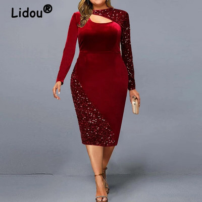 Jaungada fliteriem Sexy Hollow Bodycon vakara ballīte Eleganta lielizmēra kleitas sievietēm Rudens ziemas modes sarkans midi kleitas halāts