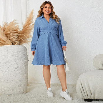 Plus Size 4XL Φθινοπωρινά Midi Casual Ρούχα Γυναικεία σέξι V λαιμόκοψη Μασίφ μπλε Κομψά ρούχα για πάρτι Μακρυμάνικα Μακρύ φόρεμα