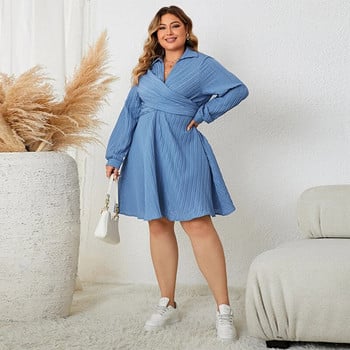 Plus Size 4XL Φθινοπωρινά Midi Casual Ρούχα Γυναικεία σέξι V λαιμόκοψη Μασίφ μπλε Κομψά ρούχα για πάρτι Μακρυμάνικα Μακρύ φόρεμα