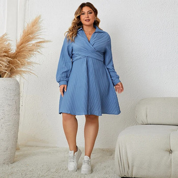 Plus Size 4XL Φθινοπωρινά Midi Casual Ρούχα Γυναικεία σέξι V λαιμόκοψη Μασίφ μπλε Κομψά ρούχα για πάρτι Μακρυμάνικα Μακρύ φόρεμα