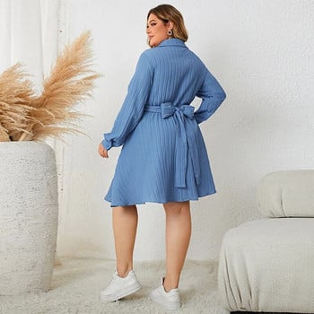 Plus Size 4XL Φθινοπωρινά Midi Casual Ρούχα Γυναικεία σέξι V λαιμόκοψη Μασίφ μπλε Κομψά ρούχα για πάρτι Μακρυμάνικα Μακρύ φόρεμα