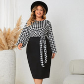 Spausdintos Birds O formos iškirptės biuro suknelės ilgomis rankovėmis, moteriškos marškinėliai rudeninis naujo stiliaus plius dydis, elegantiškos Bodycon Wrap midi suknelės