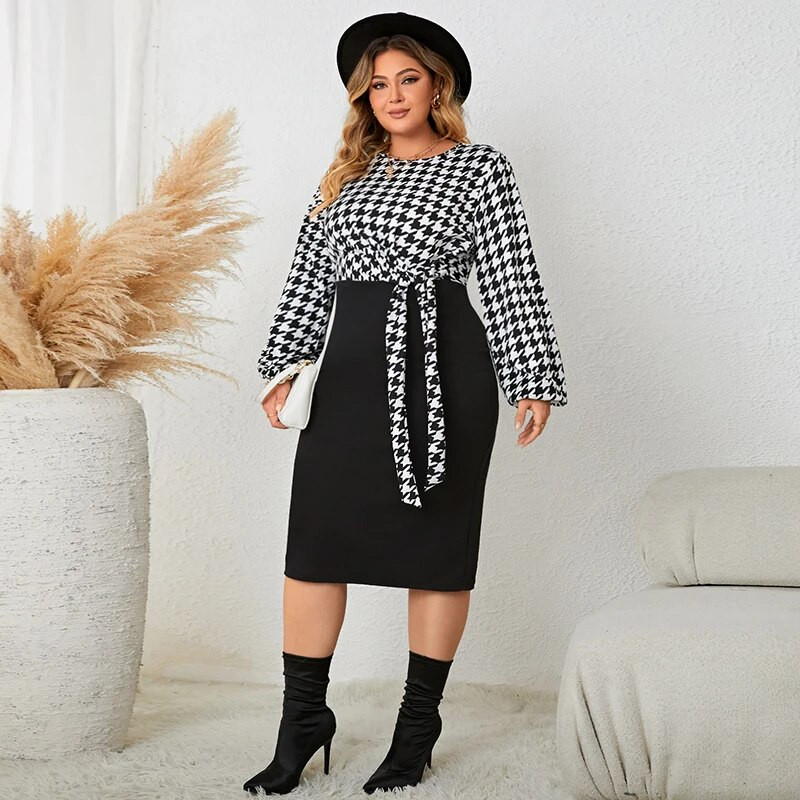 Spausdintos Birds O formos iškirptės biuro suknelės ilgomis rankovėmis, moteriškos marškinėliai rudeninis naujo stiliaus plius dydis, elegantiškos Bodycon Wrap midi suknelės