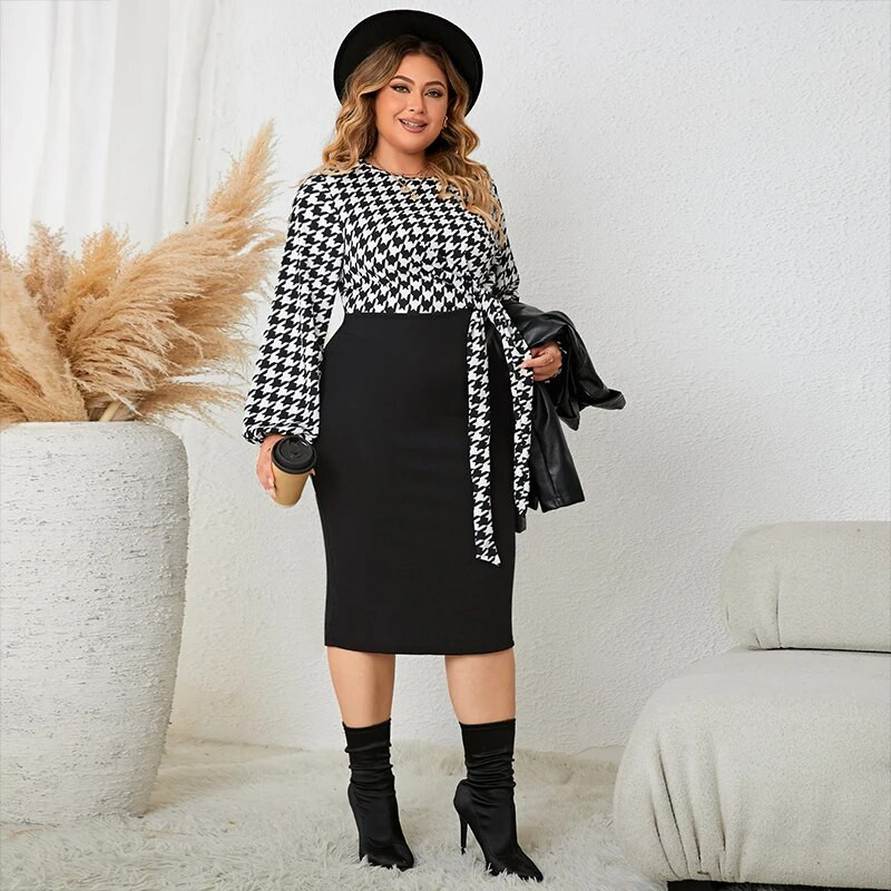 Spausdintos Birds O formos iškirptės biuro suknelės ilgomis rankovėmis, moteriškos marškinėliai rudeninis naujo stiliaus plius dydis, elegantiškos Bodycon Wrap midi suknelės