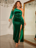 Ženska odjeća velikih veličina, kosi izrez, seksi midi haljina uz tijelo, podijeljena lijevo Baršunasta odjeća, elegantna prekrasna večernja haljina