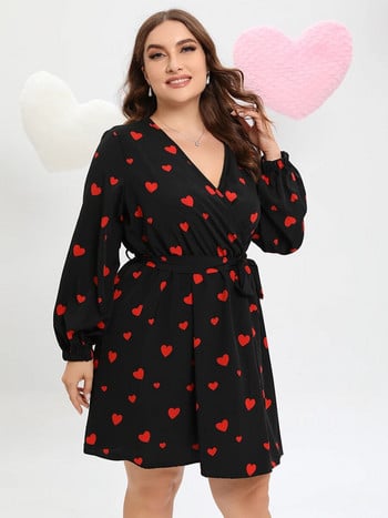 Γυναικεία φορέματα Finjani Plus Size 2023 Summer Allover Heart Print Ζώνη Μίντι Φόρεμα Κομψό Φόρεμα με μοτίβο καρδιάς