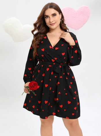 Γυναικεία φορέματα Finjani Plus Size 2023 Summer Allover Heart Print Ζώνη Μίντι Φόρεμα Κομψό Φόρεμα με μοτίβο καρδιάς