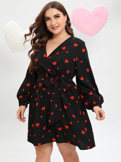 Γυναικεία φορέματα Finjani Plus Size 2023 Summer Allover Heart Print Ζώνη Μίντι Φόρεμα Κομψό Φόρεμα με μοτίβο καρδιάς