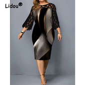 Suures suuruses elegantsed pitsvõrgust lapitööd Bodycon peokleidid naistele Suvemoe printimine Must Midi Kleit Rüü Naiste Riietus