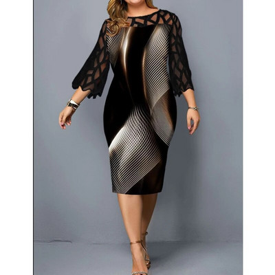 Suures suuruses elegantsed pitsvõrgust lapitööd Bodycon peokleidid naistele Suvemoe printimine Must Midi Kleit Rüü Naiste Riietus