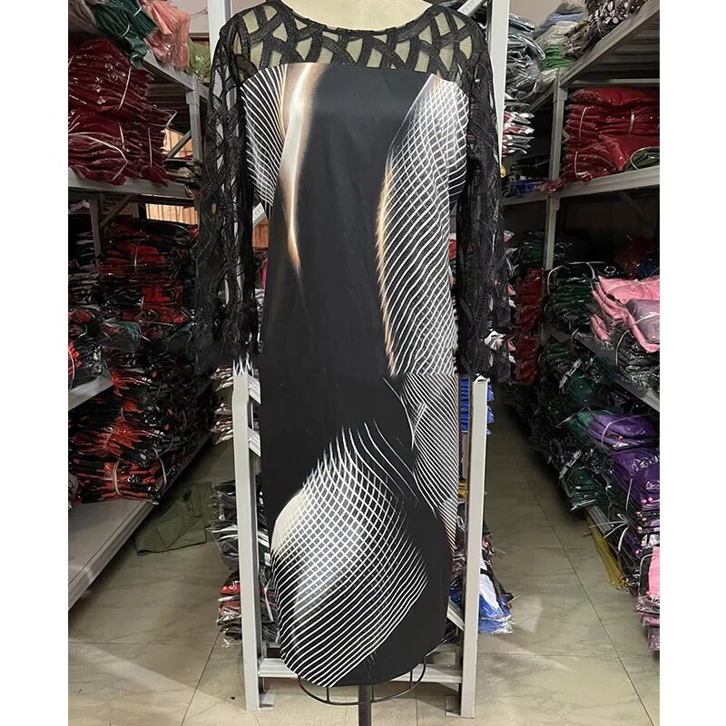 Velike veličine, elegantne čipkaste mrežaste patchwork pripijene haljine za zabave za žene, ljetna modna crna midi haljina s printom Robe Femme Clothing