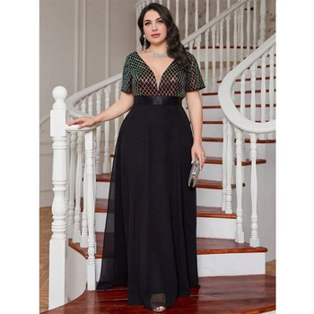 Plus Size V λαιμόκοψη ρόμβος παγιέτα Luxury 4XL5XL Φόρεμα σιφόν Party Prom Μαύρο 3/4 μανίκι πάνω από μάξι φόρεμα για πάρτι γάμου