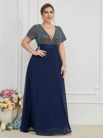 Didelio dydžio V kaklo rombo blizgučiai prabangūs 4XL5XL šifono suknelė vakarėliui Prom juoda 3/4 rankovėmis virš Maxi suknelė vakarėliams vestuvėms