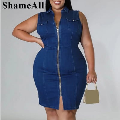 Mărime Plus guler răsturnat Rochie elastică super elastică Jeans Bodycon Rochie 4xl de vară cu fermoar în față Rochie cu mâneci Jumper Club Fusta