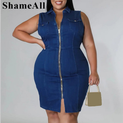 Didelio dydžio atlenkiama apykaklė Super elastinga Jean Bodycon suknelė su 4xl vasaros priekyje su užtrauktuku Pinafore suknelė be rankovių klubinis megztinis sijonas